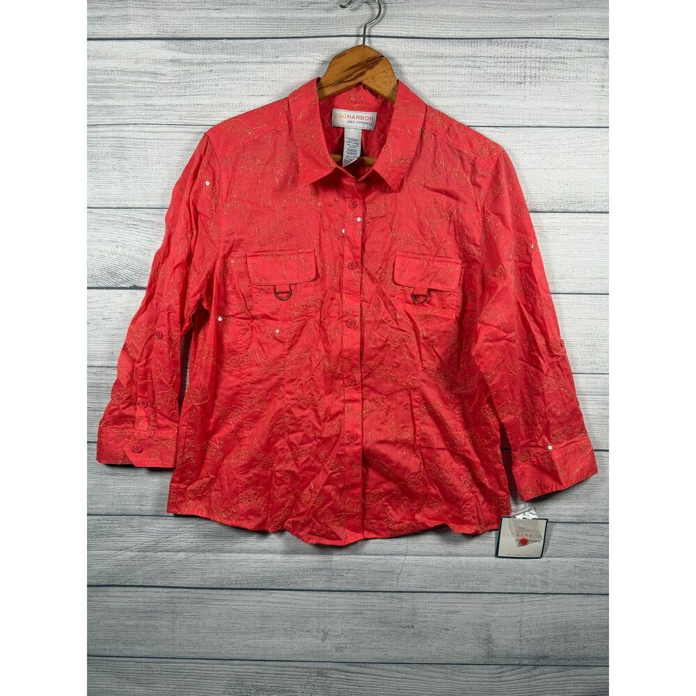 Sag Harbor Jean Company Women's L Coral Gold Embroidered Sequin Shirt NWT 1348